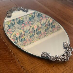 Vintage Oval Mirrored tray with Silver Floral Accents